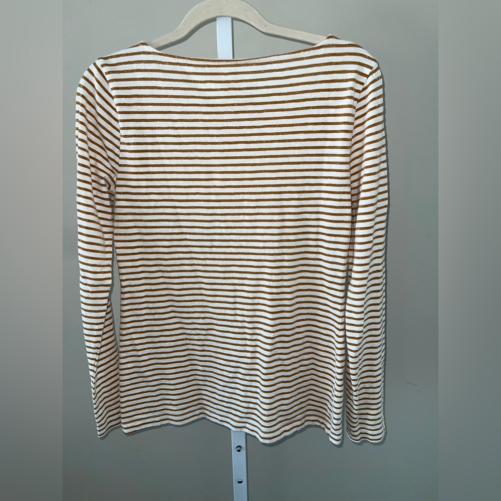 J. Crew Gold Metallic White Striped Long Sleeve Tee Boat Neck Lightweight - Picture 3 of 5